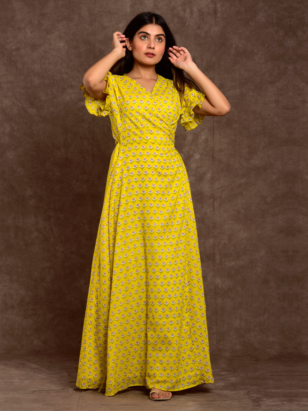 Cotton Women Wrap Dress Booti Yellow