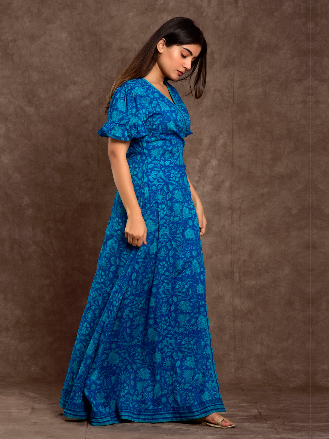 Cotton Women Wrap Dress Self Print Blue Jaal ChhipaPrints Cotton Women Wrap Dress Self Print Blue Jaal ChhipaPrints