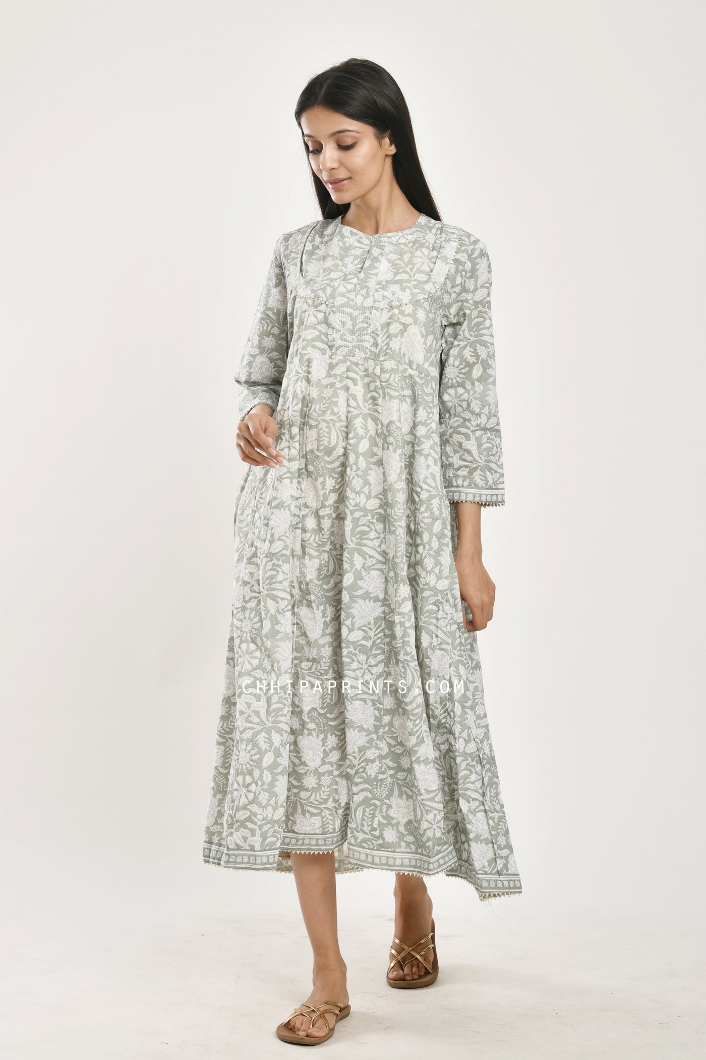 Cotton Printed Kalidar Midi Dress in Oil Green