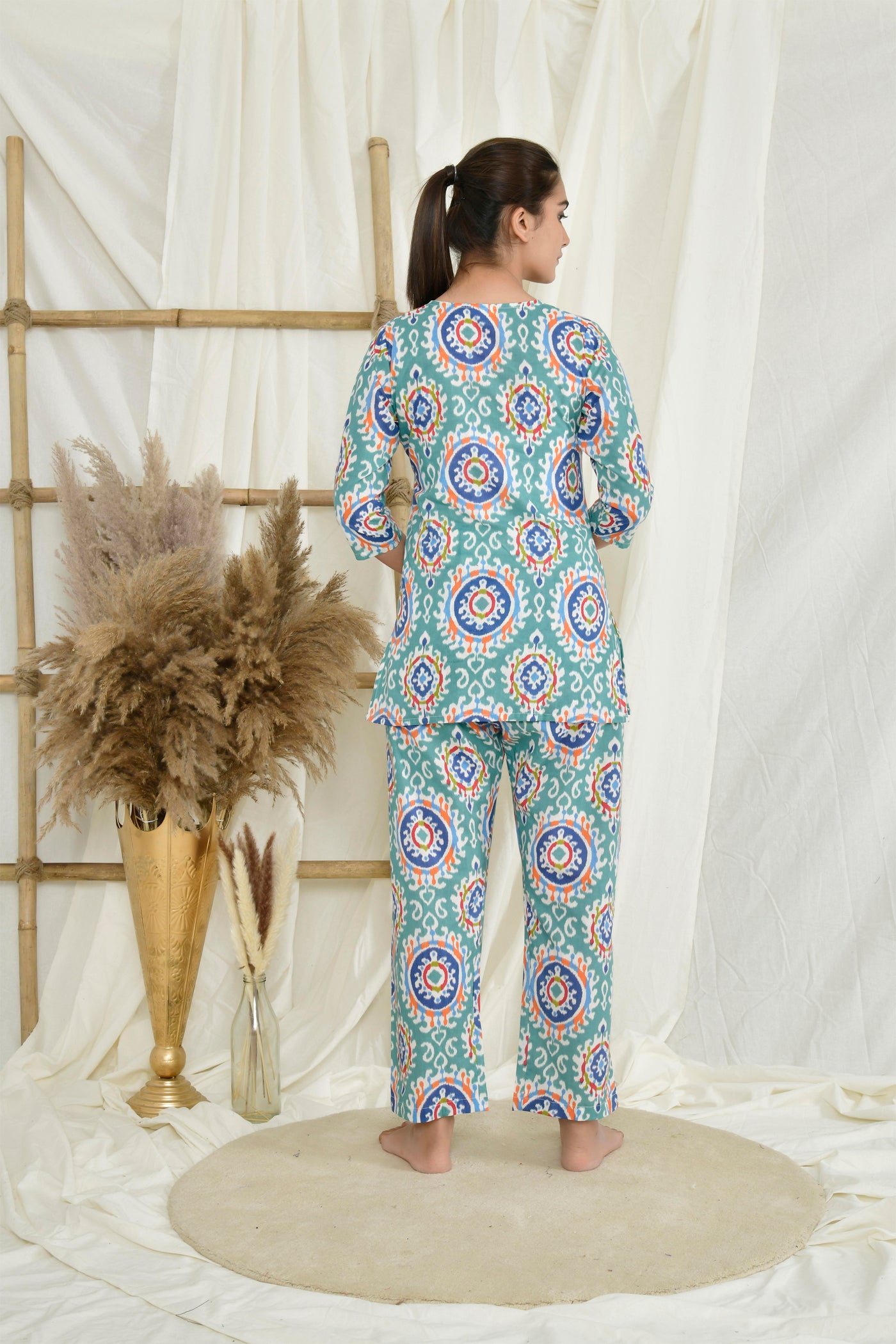 Cotton Ikat Print Night Suit with Eye Mask in Sea Green