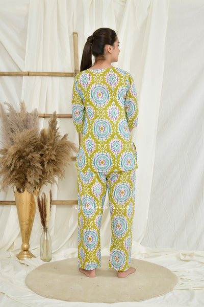 Cotton Ikat Print Night Suit with Eye Mask in Lime Green