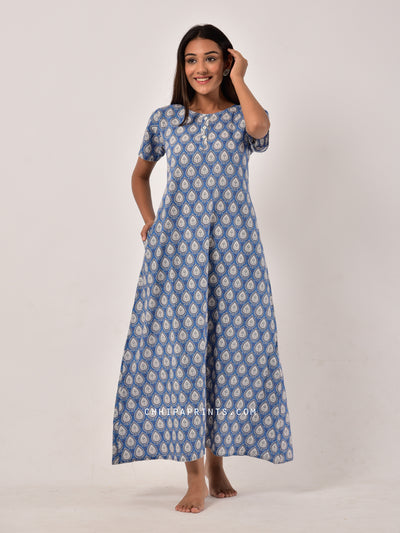 Cotton Paan Buti Night Gown in Blue