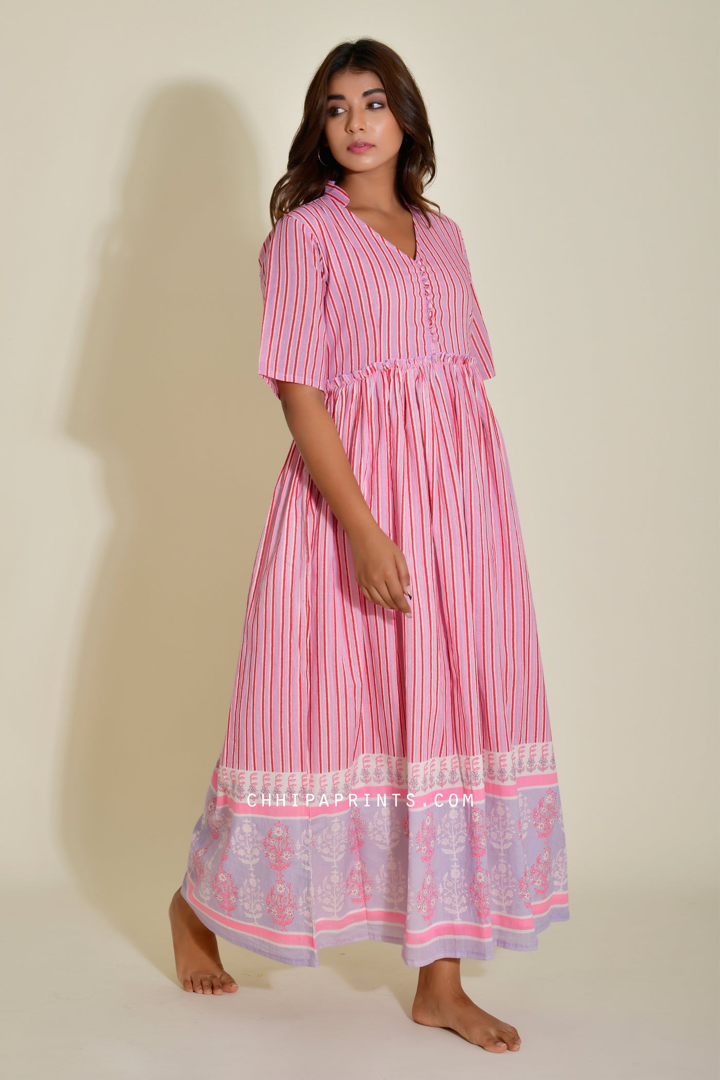 Cotton Stripe Print Panel Dress in Pink
