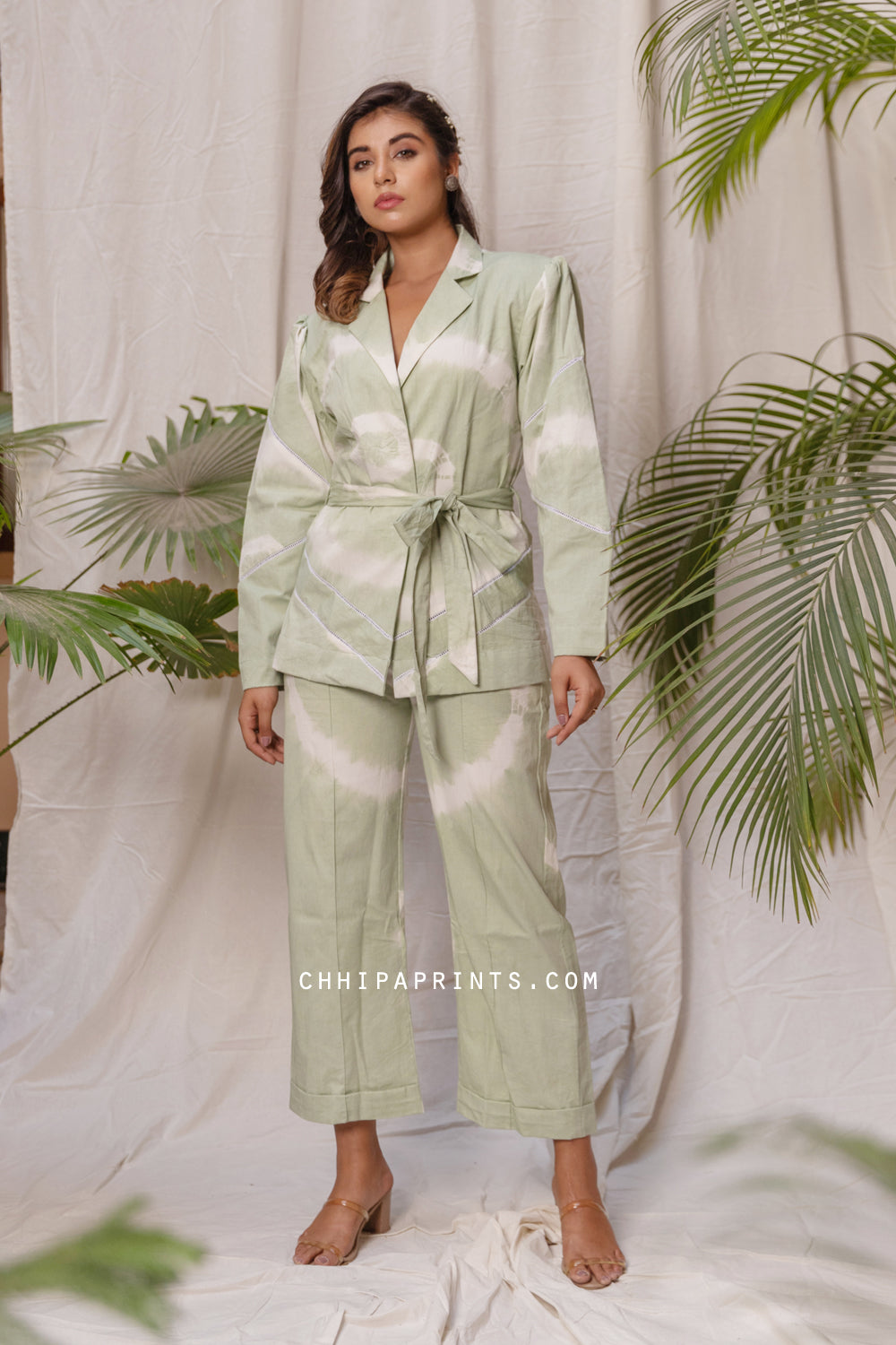 Cotton Jalebi Tie Dye Blazer Co Ord Set in Celadon Green