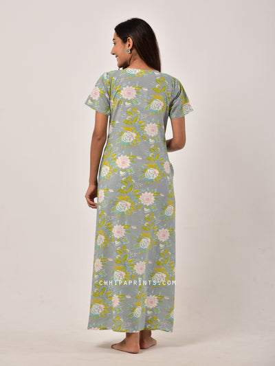 Cotton Big Floral Night Gown in Powder Teal