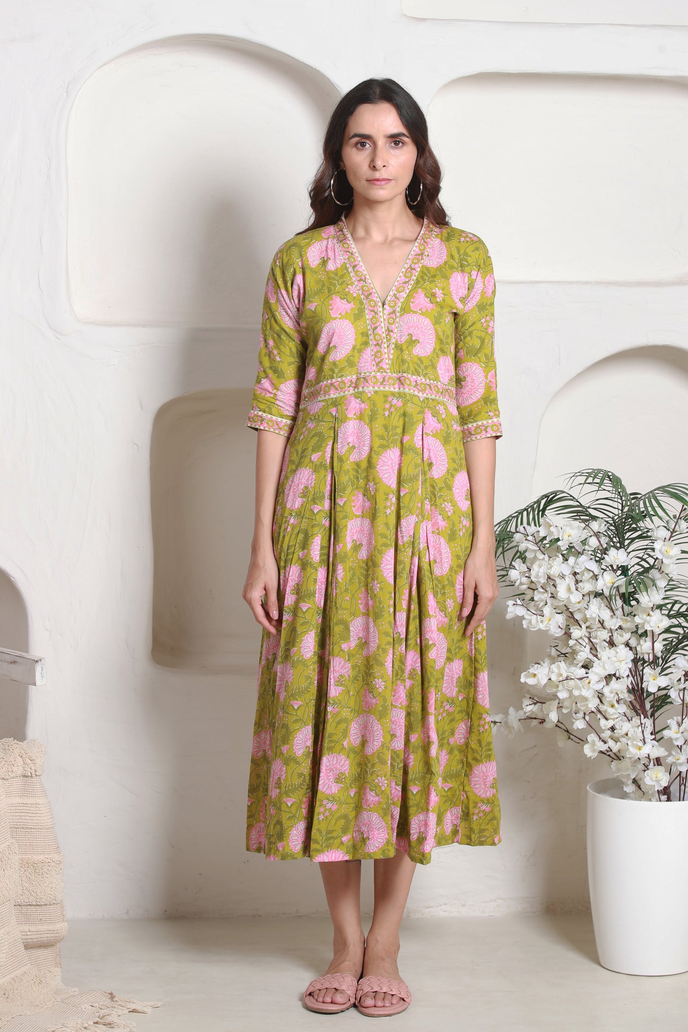 Cotton V Neck Ankle Length Dress in Green Mughal Jaal