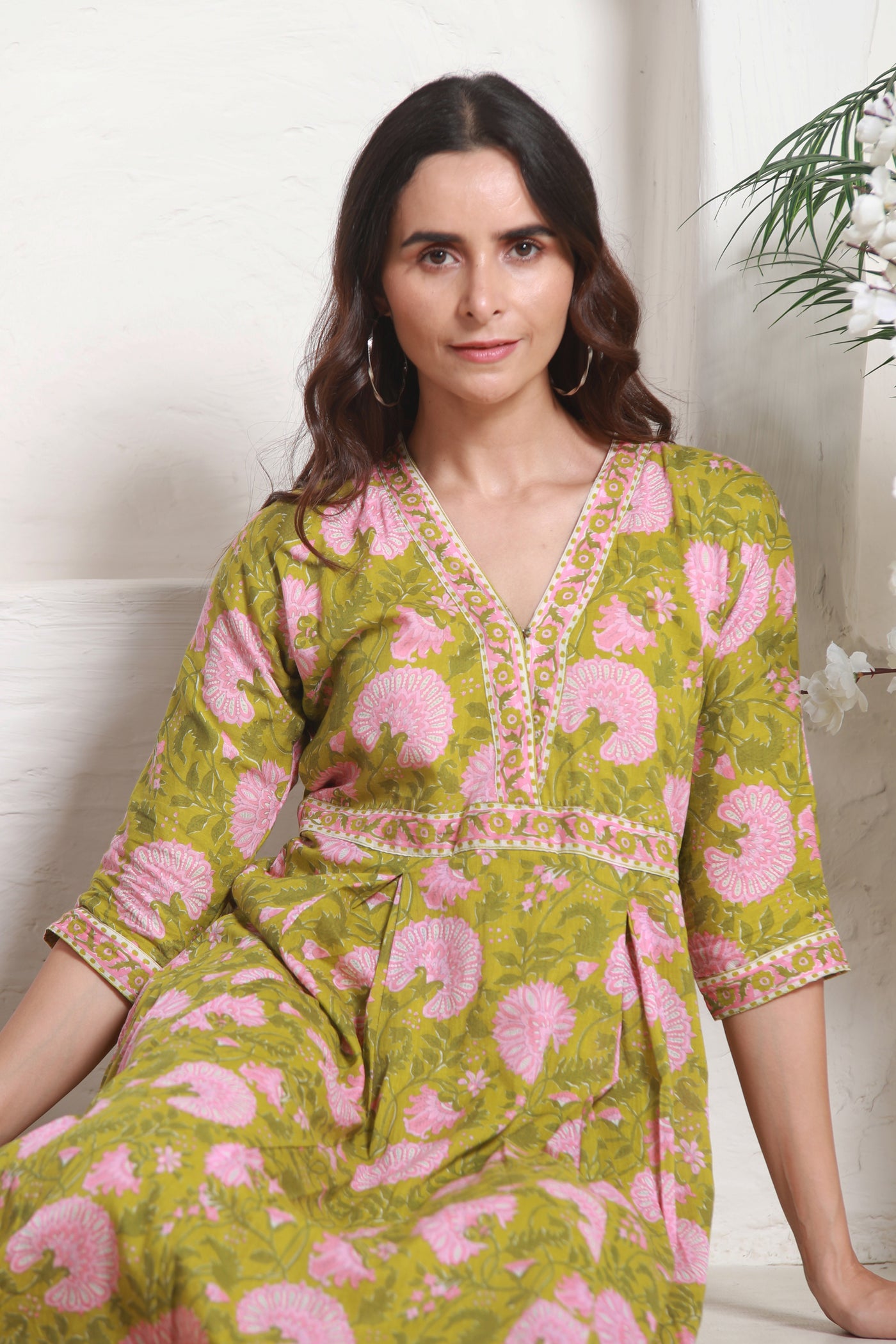 Cotton V Neck Ankle Length Dress in Green Mughal Jaal