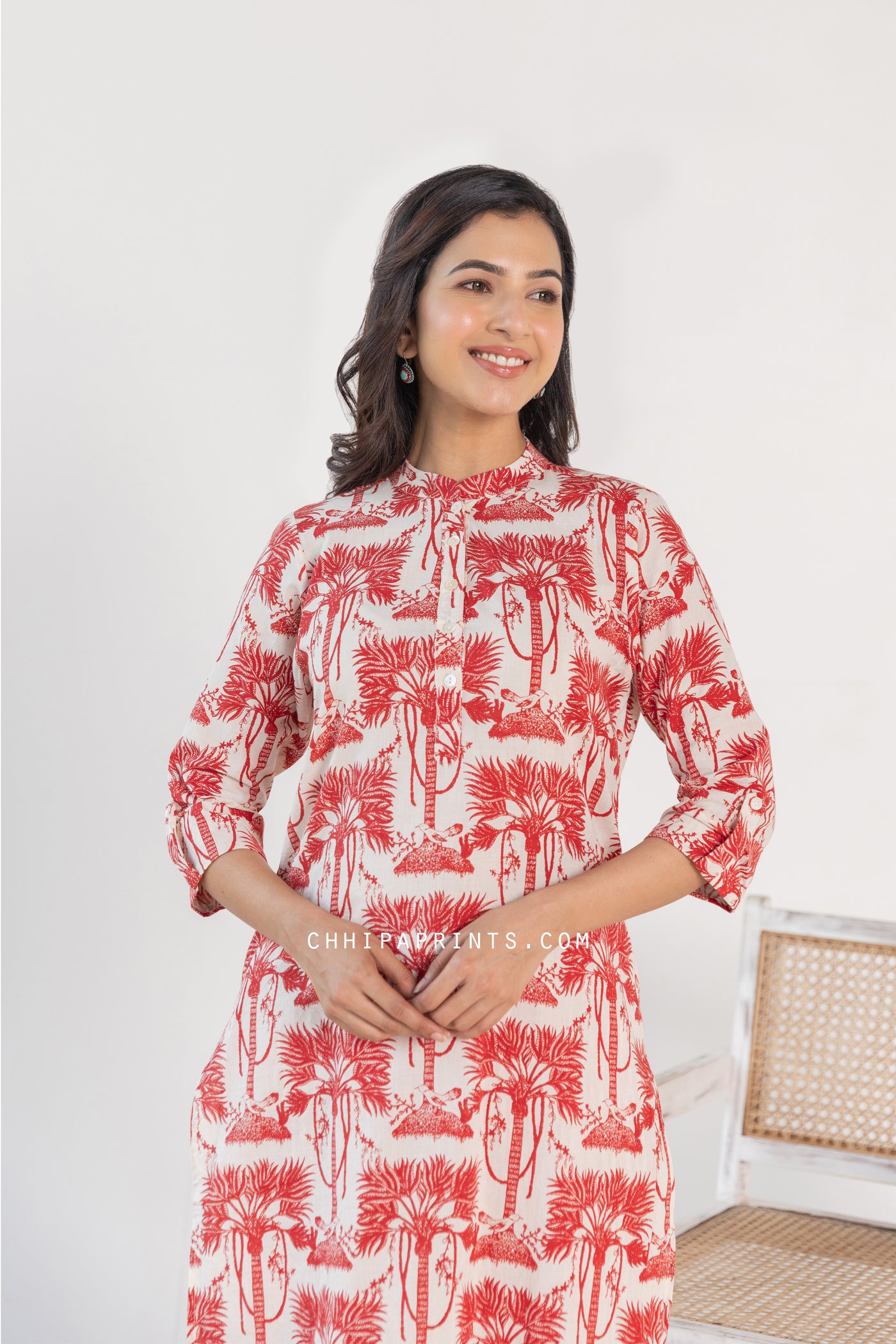 Cotton Palm Tree Print Kurta and Pants Co Ord Set in Red