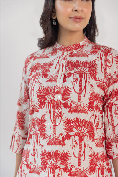 Cotton Palm Tree Print Kurta and Pants Co Ord Set in Red