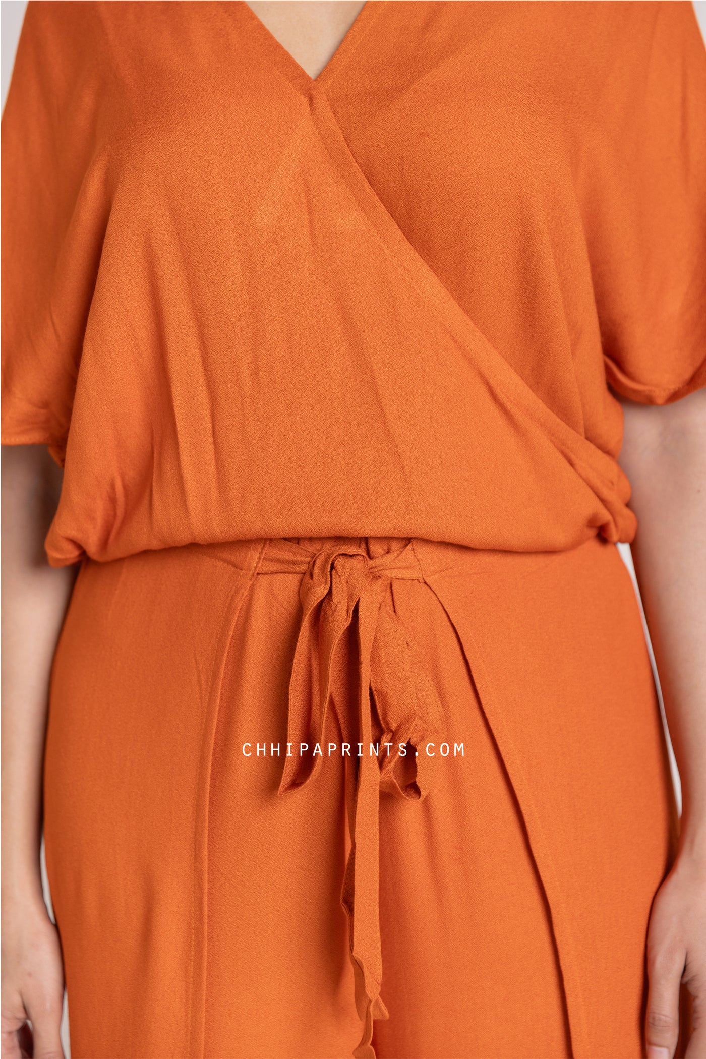 Cotton Modal Wrap Top and Pants Co Ord Set in Solid Shades of Orange
