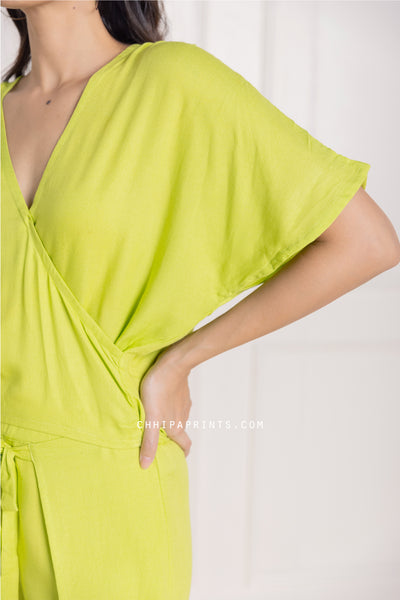 Cotton Modal Wrap Top and Pants Co Ord Set in Solid Shades of Neon Green