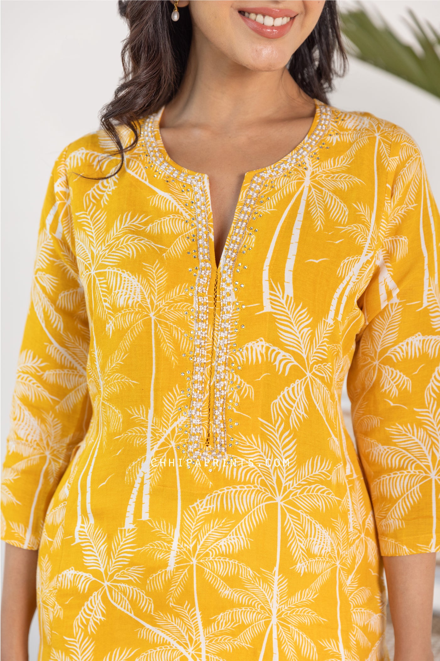 Linen Palm Jaal Print Kurta in Solar Power Yellow