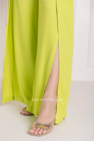 Cotton Modal Wrap Top and Pants Co Ord Set in Solid Shades of Neon Green