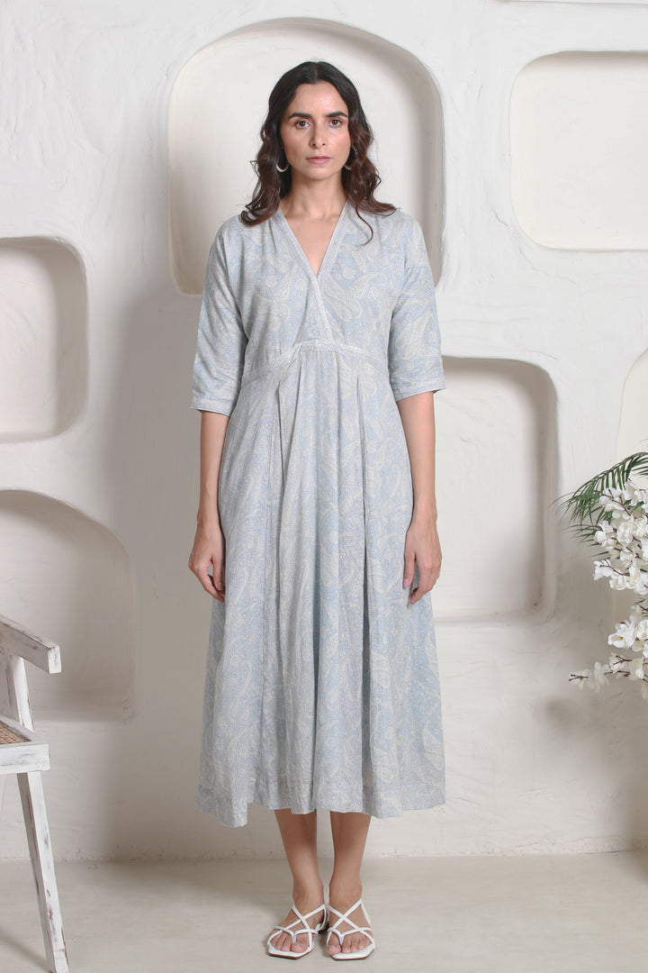 Cotton V Neck Ankle Length Dress in Grey Paisley Jaal – ChhipaPrints