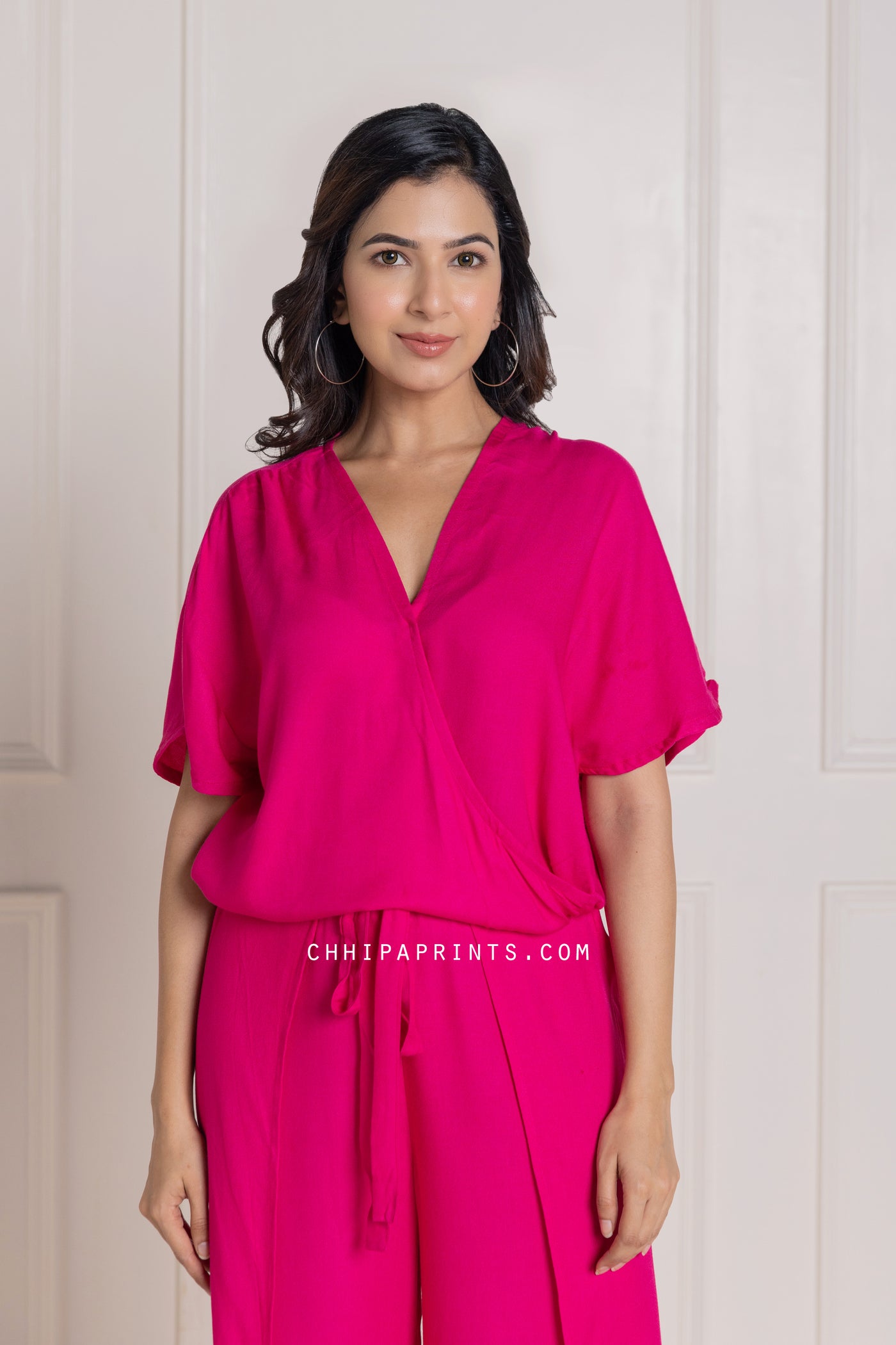 Cotton Modal Wrap Top and Pants Co Ord Set in Solid Shades of Hot Pink