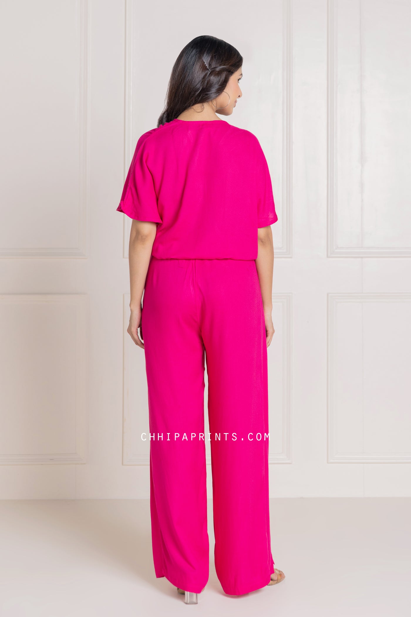 Cotton Modal Wrap Top and Pants Co Ord Set in Solid Shades of Hot Pink