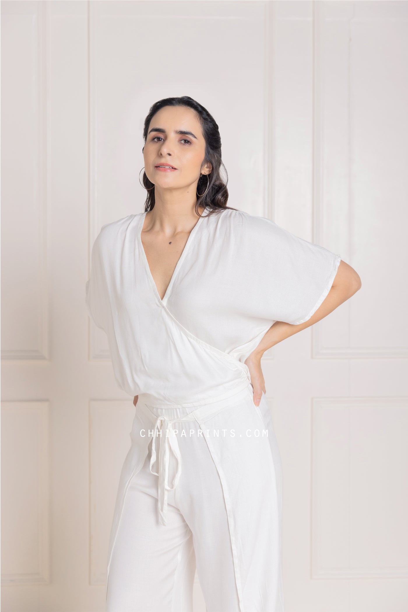 Cotton Modal Wrap Top and Pants Co Ord Set in Solid Shades of Off Whites