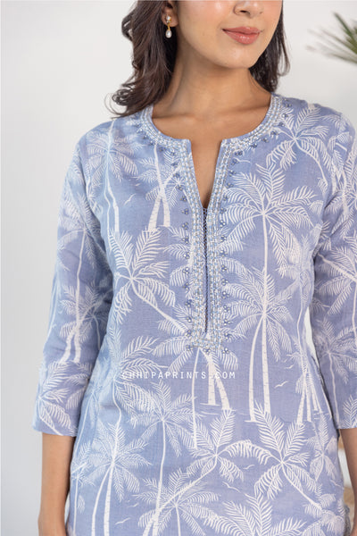 Linen Palm Jaal Print Kurta in Powder Blue