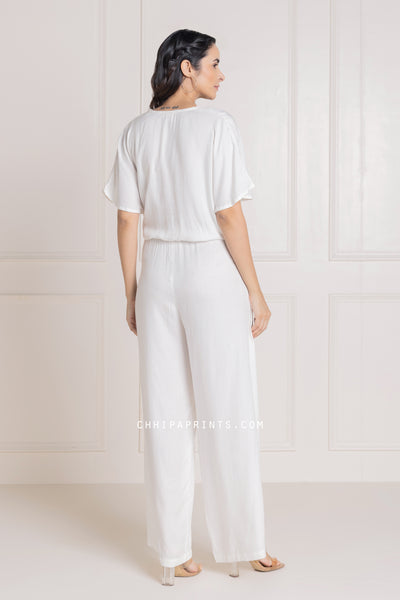 Cotton Modal Wrap Top and Pants Co Ord Set in Solid Shades of Off Whites