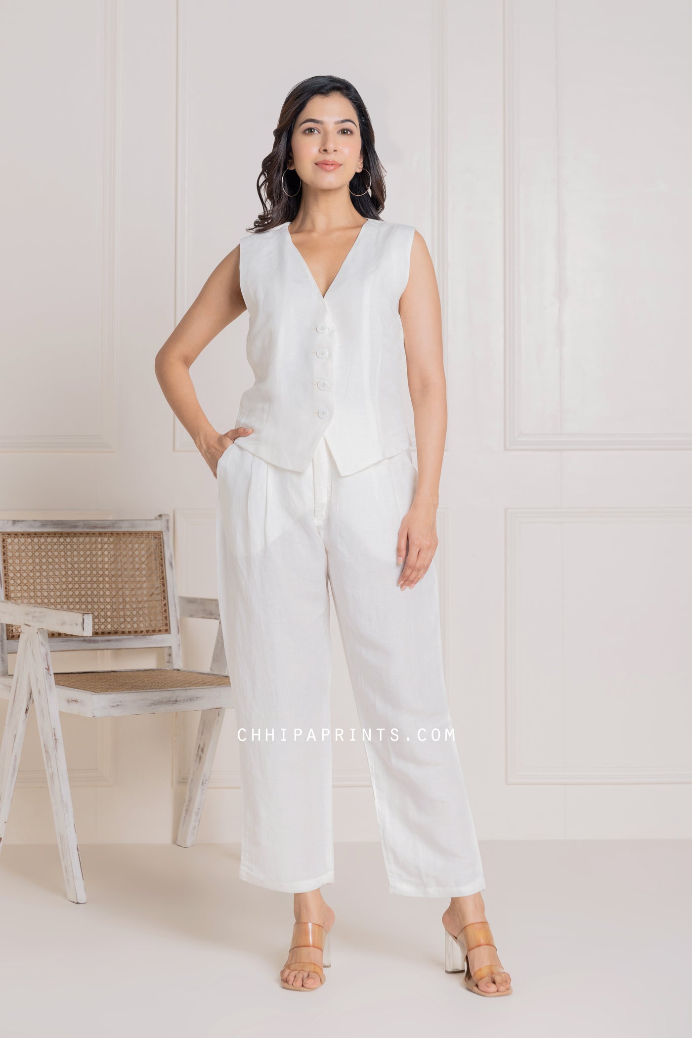 Linen Waist Coat and Pant Co Ord Set in Solid Shade of Ivory