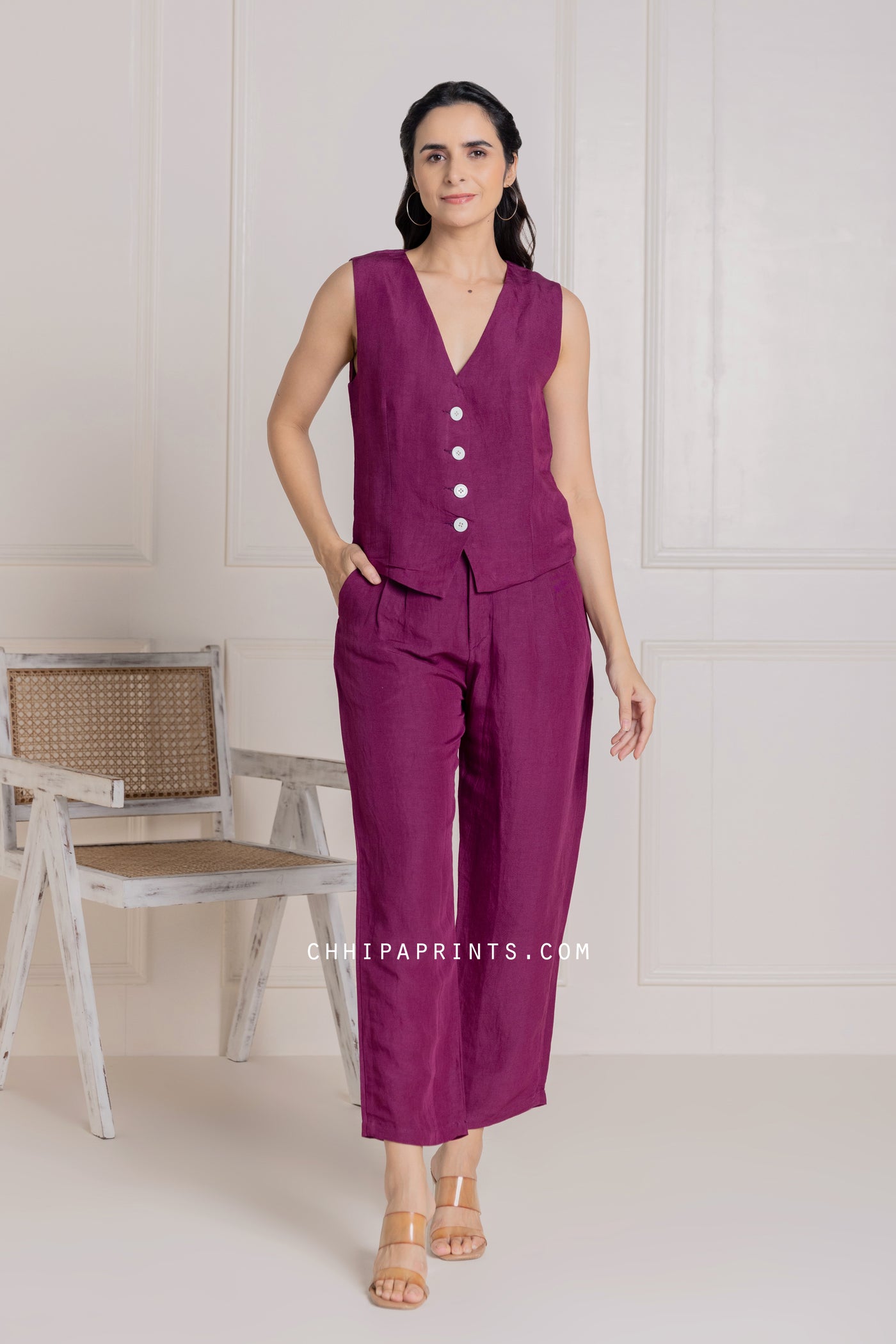 Linen Waist Coat and Pant Co Ord Set in Solid Shade of Berry Wine