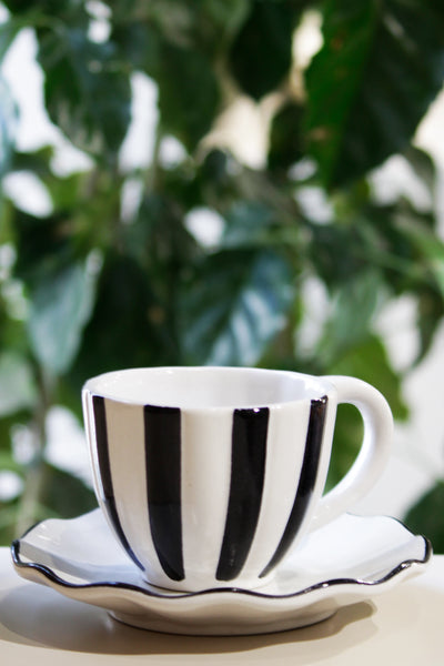 CERAMIC STONEWARE TEA CUP & SAUCER PLATE IN BLACK (SET OF 4)