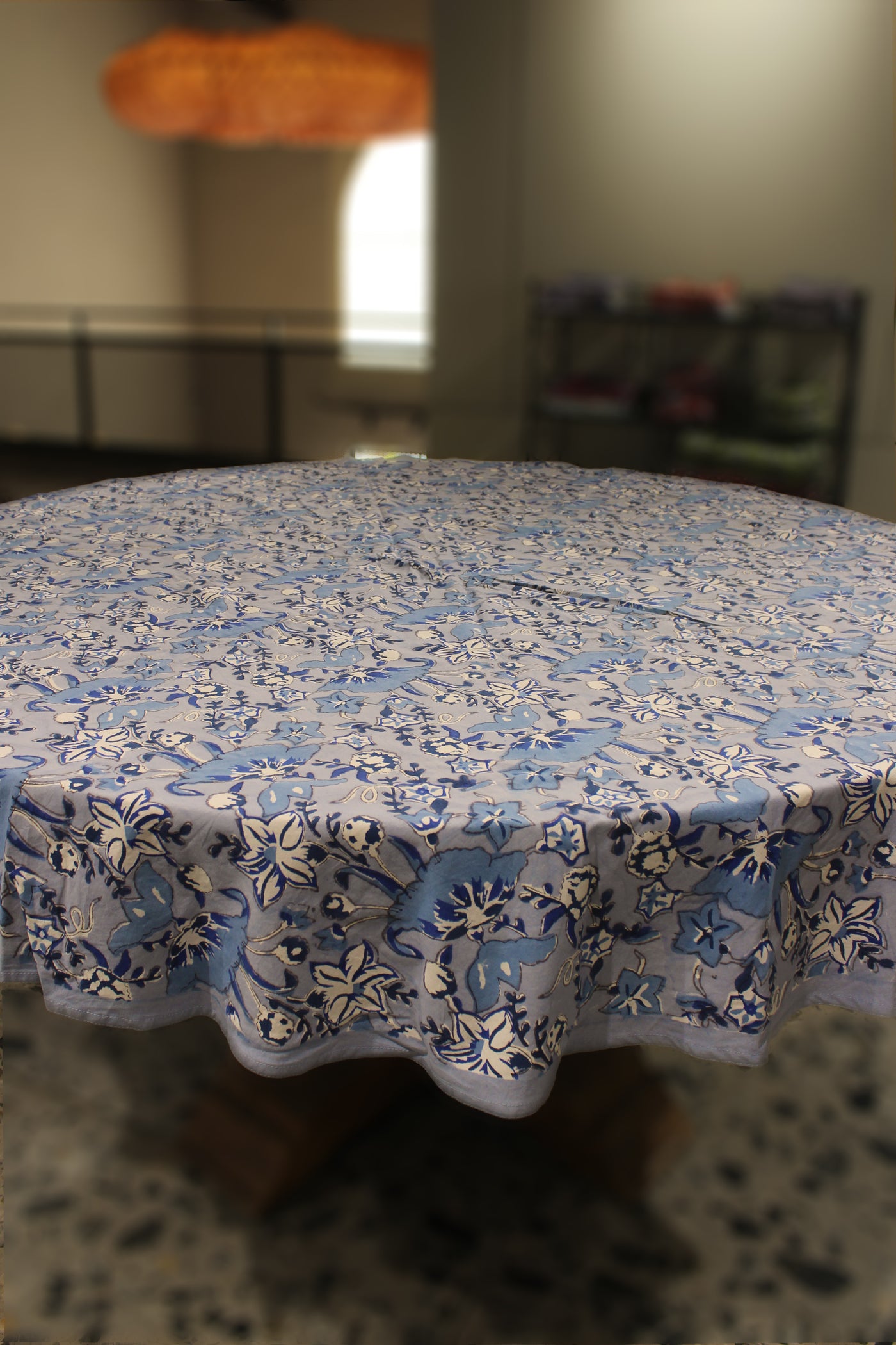 Round Table Cover Jaal Print in Shades of Blue