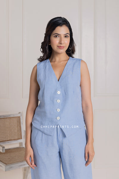 Linen Waist Coat and Pant Co Ord Set in Solid Shade of Powder Blue