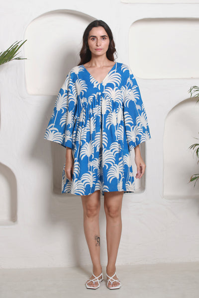 Cotton Nyra Cut Tropical Print Short Dress in Classic Blue