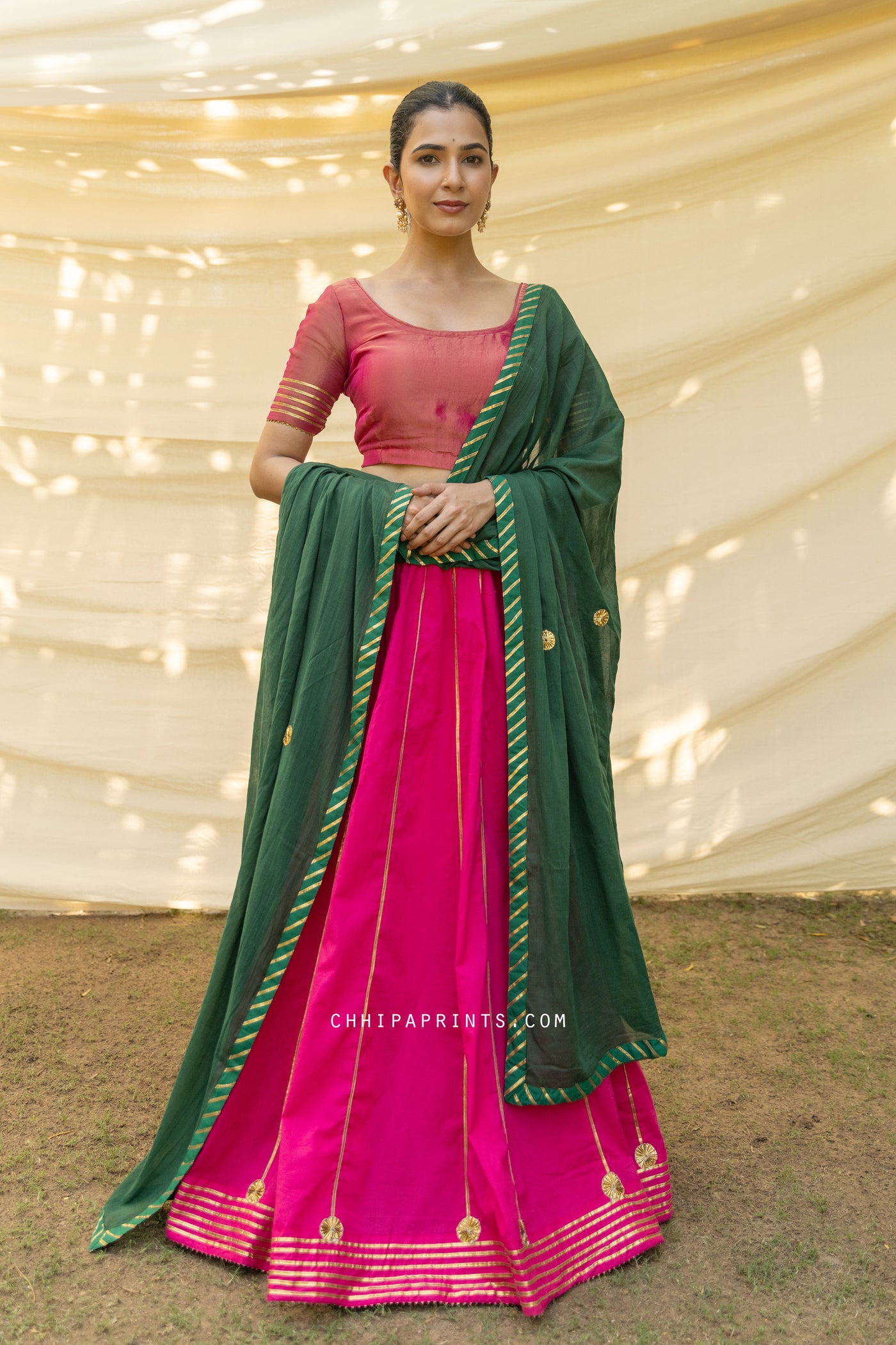 Cotton Plain Dye Kalidar Lehenga Choli Set in Rani Pink