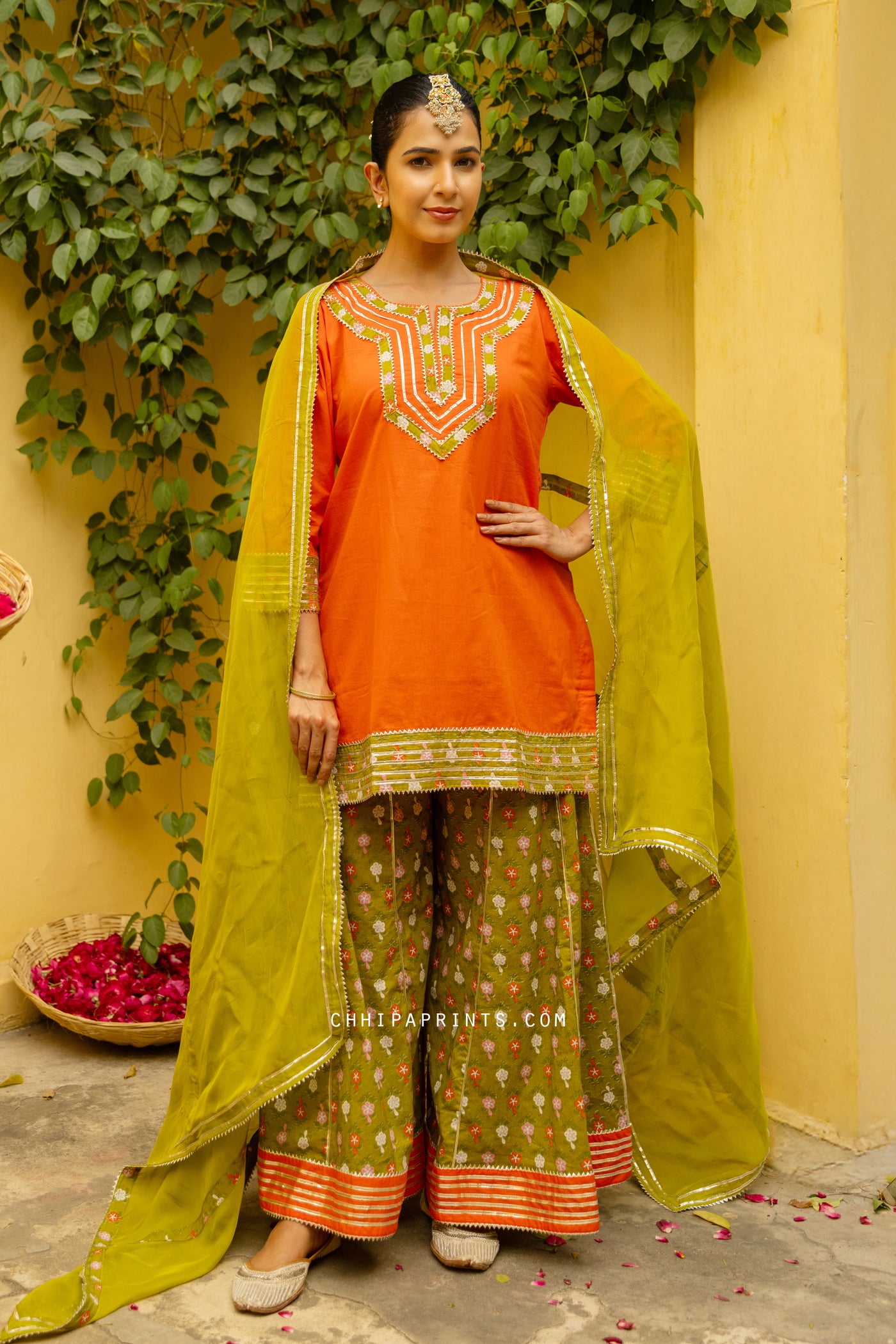 COTTON GOTA BAND BUTI PRINT SHARARA SET IN ORANGE