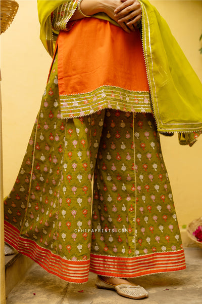 COTTON GOTA BAND BUTI PRINT SHARARA SET IN ORANGE