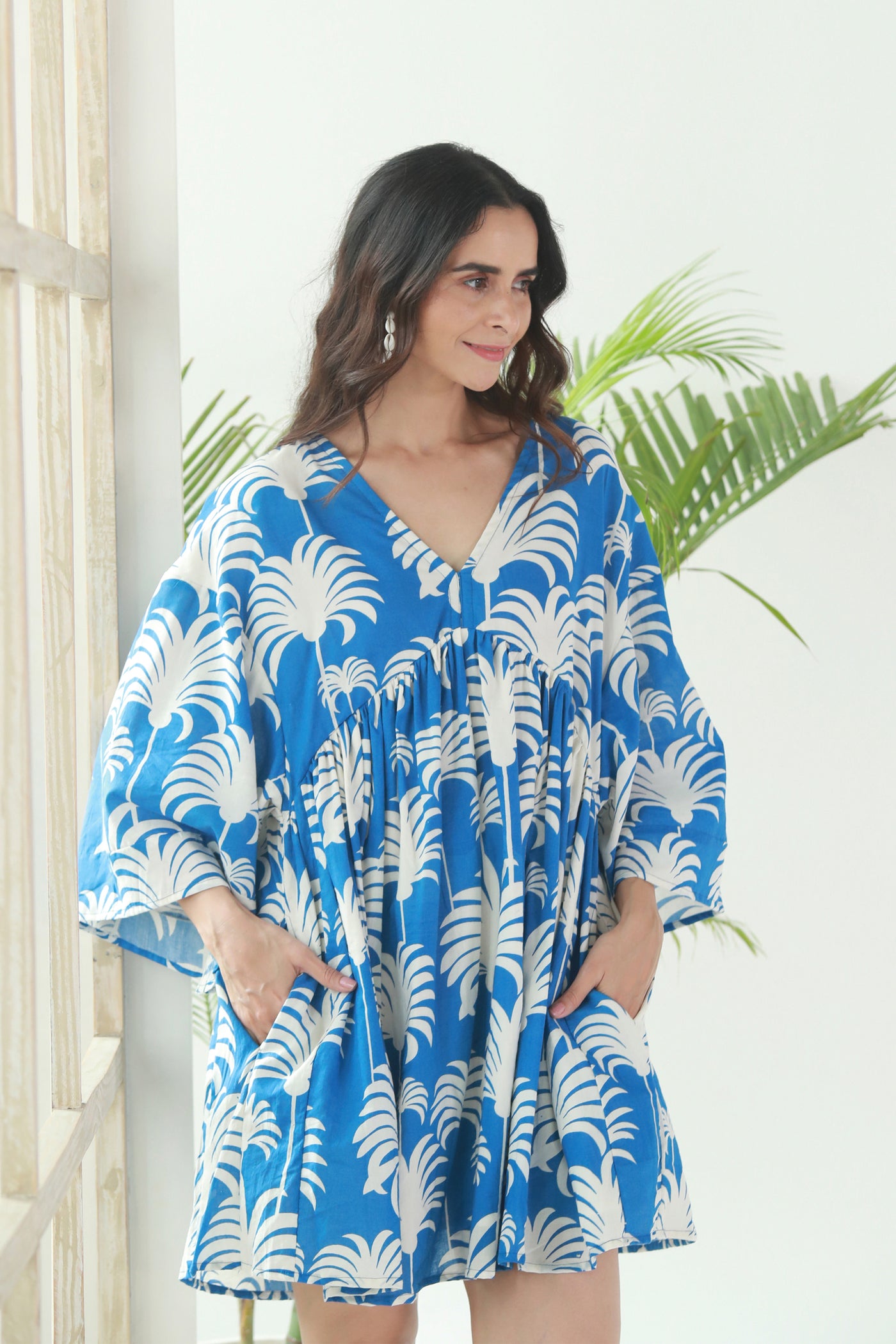 Cotton Nyra Cut Tropical Print Short Dress in Classic Blue