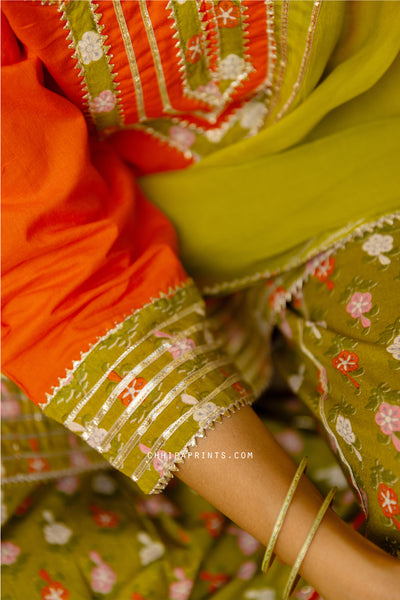 COTTON GOTA BAND BUTI PRINT SHARARA SET IN ORANGE