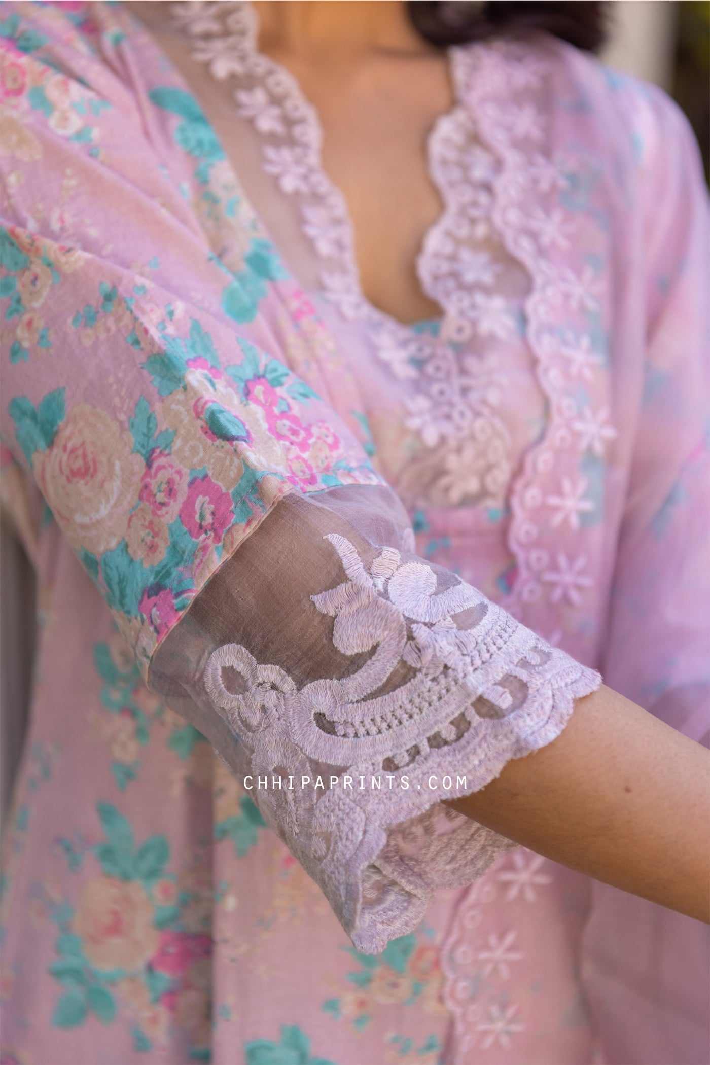 Cotton Floral Jaal Organza Lace Suit Set in Mauve (Set of 3)