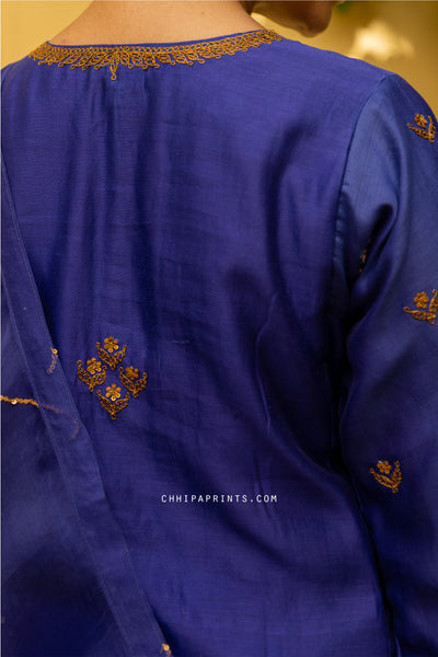 Chanderi Silk Hand Embroidery Kurta Set in Dazzling Blue