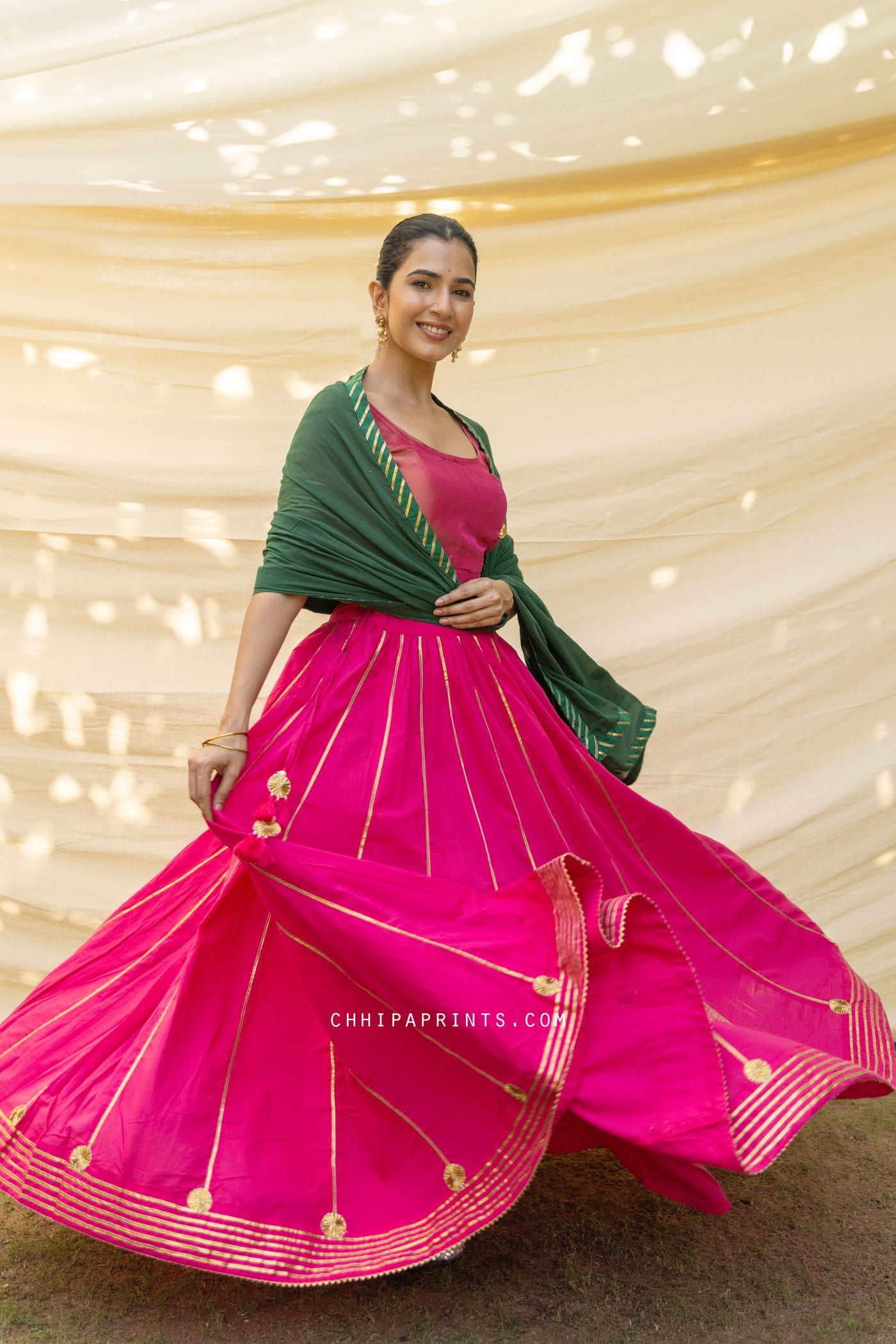 Cotton Plain Dye Kalidar Lehenga Choli Set in Rani Pink