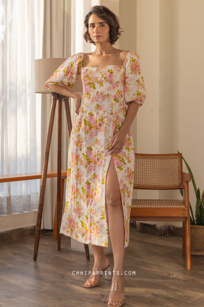 COTTON CHINTZ FLORAL PRINT DRESS IN SHADES OF PINK