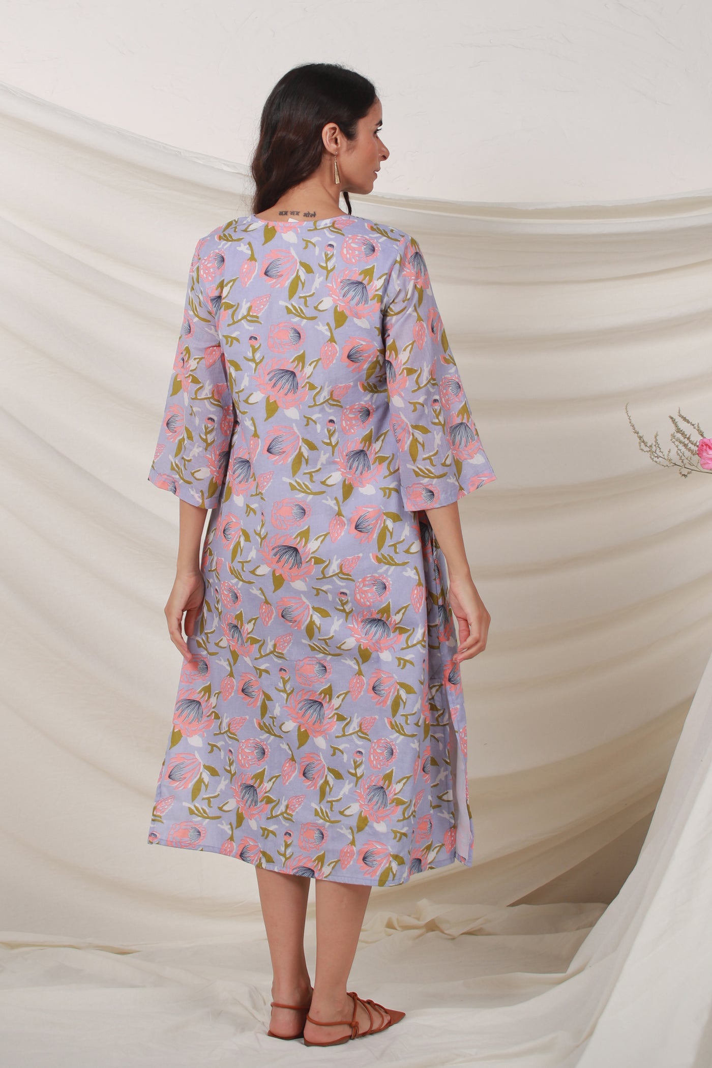 Cotton Tunic Midi Dress in Lilac Floral Jaal