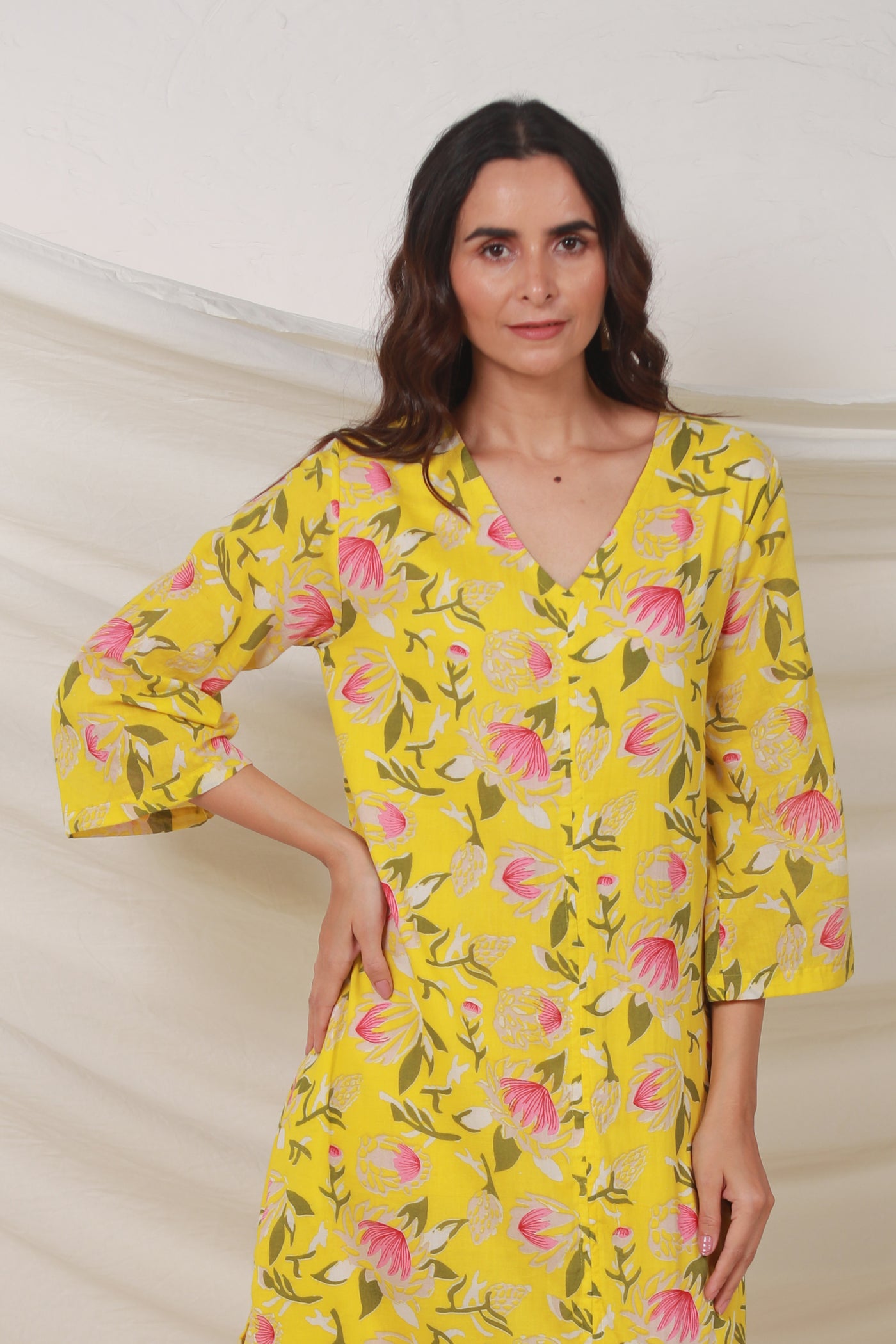 Cotton Tunic Midi Dress in Yellow Floral Jaal