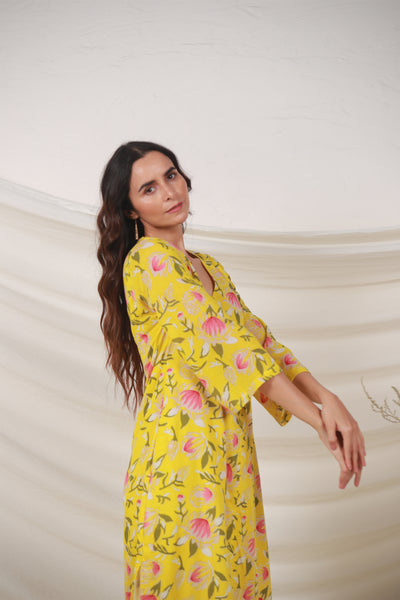 Cotton Tunic Midi Dress in Yellow Floral Jaal