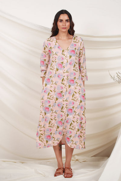 Cotton Tunic Midi Dress in Peach Floral Jaal