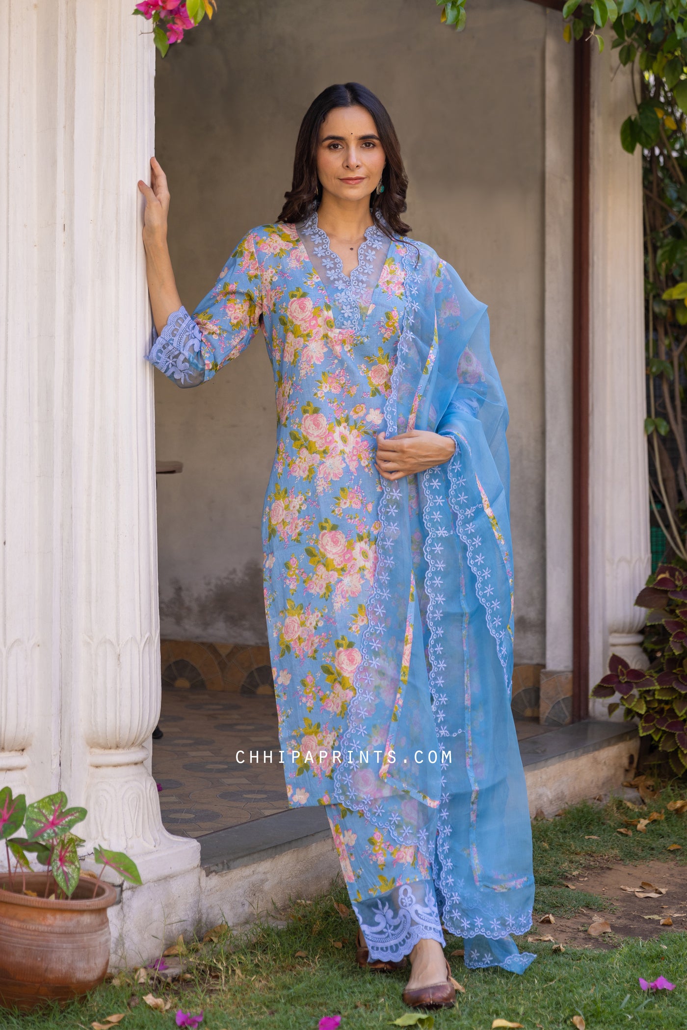Cotton Floral Jaal Organza Lace Suit Set in Blue (Set of 3)
