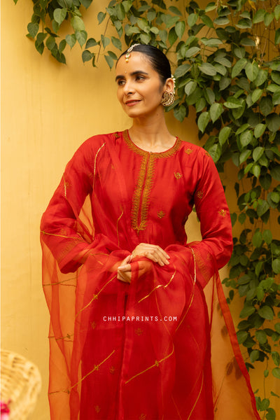 Chanderi Silk Hand Embroidery Kurta Set in Racing Red