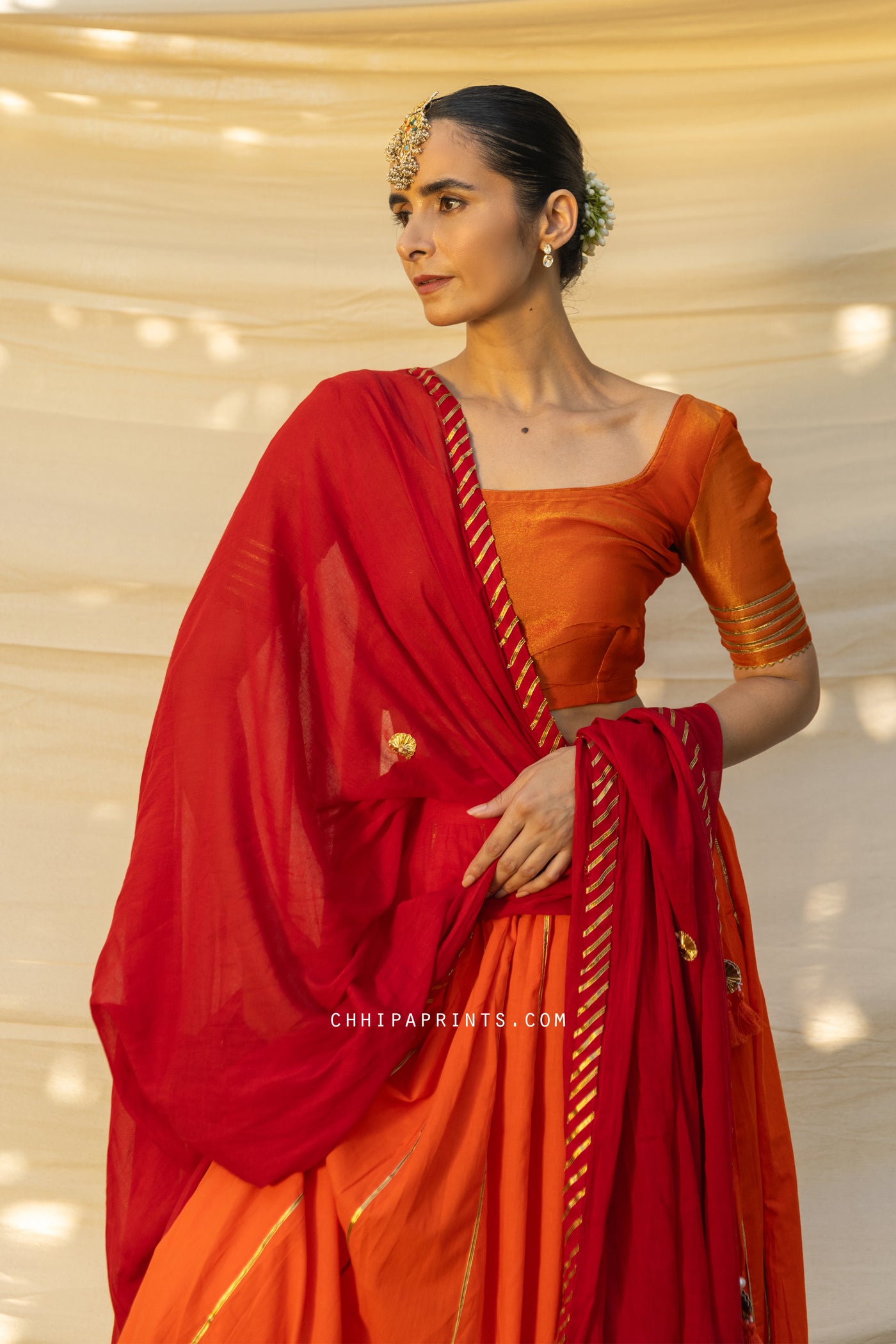 Cotton Plain Dye Kalidar Lehenga Choli Set in Orange