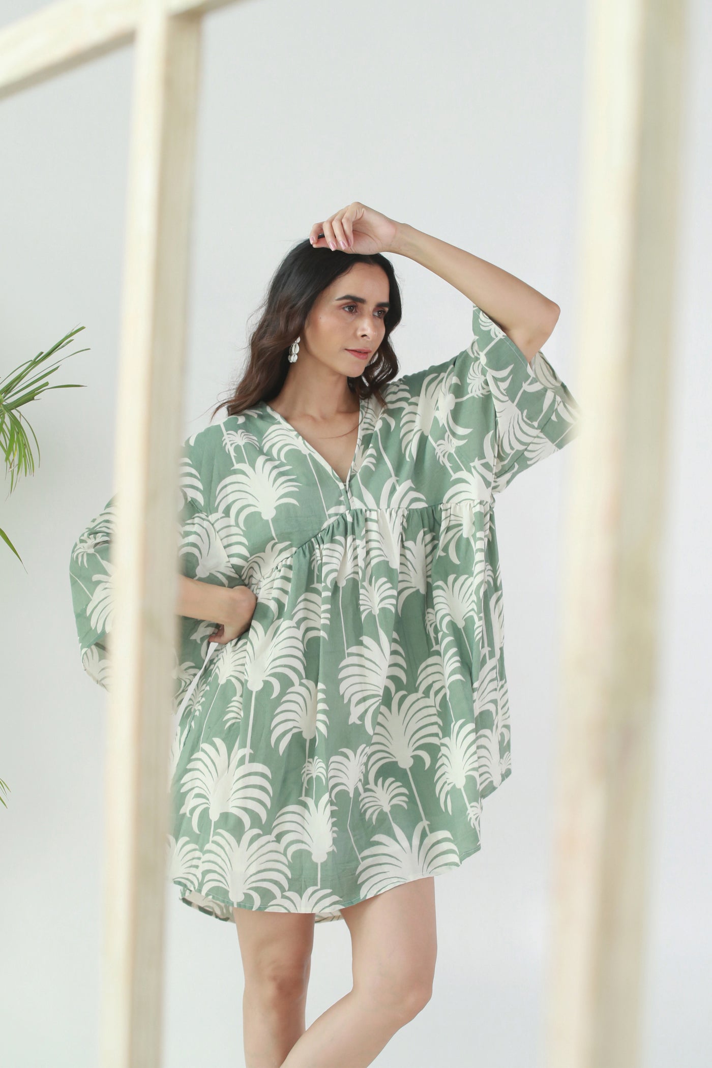 Cotton Nyra Cut Tropical Print Short Dress in Oil Green