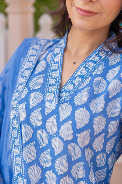 Cotton Hand Printed V Neck Suit Set in Classic Blue (Set of 3)