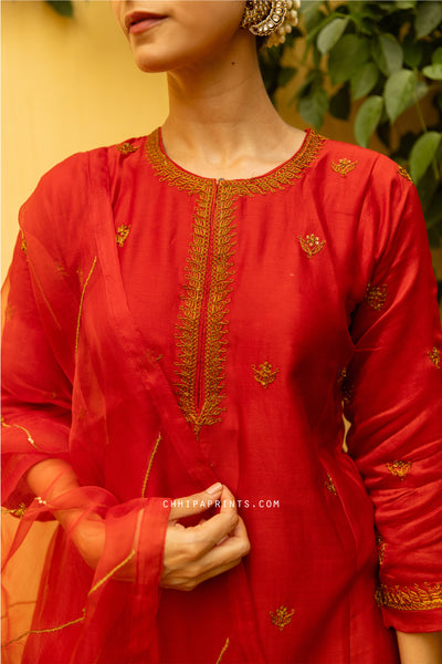 Chanderi Silk Hand Embroidery Kurta Set in Racing Red