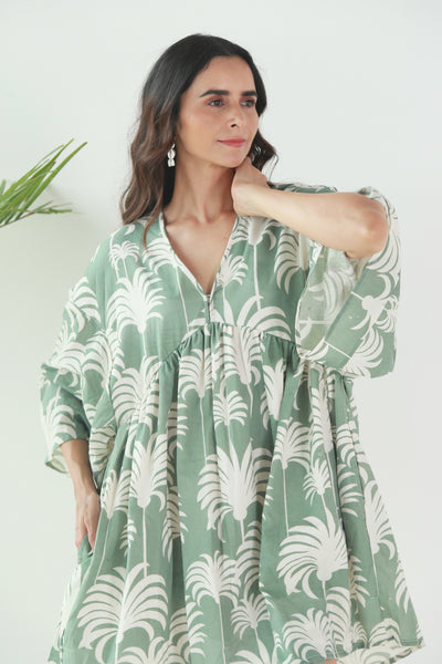 Cotton Nyra Cut Tropical Print Short Dress in Oil Green
