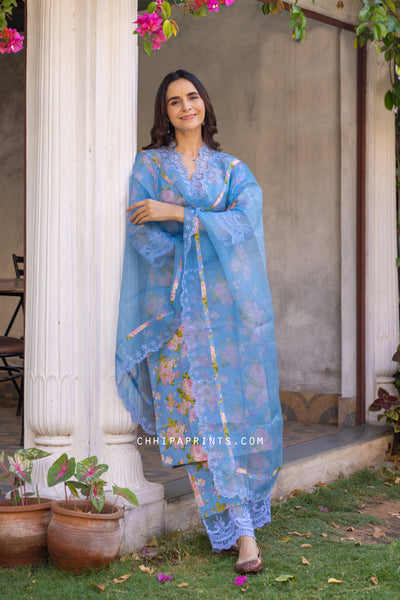 Cotton Floral Jaal Organza Lace Suit Set in Blue (Set of 3)